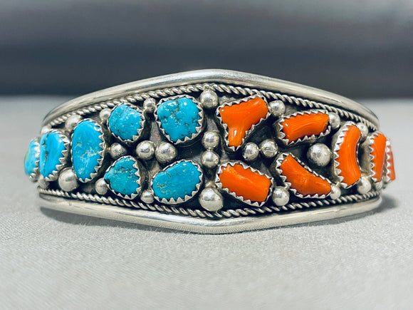 Colorful Vintage Signed Native American Navajo Turquoise Coral Sterling Silver Bracelet-Nativo Arts