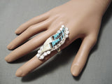 Huge Hand Carved Zuni Native American Turquoise Coral Sterling Silver Ring-Nativo Arts