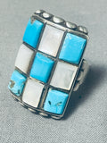 Huge Vintage Native American Navajo Turquoise Pearl Sterling Silver Inlay Heavy Ring-Nativo Arts