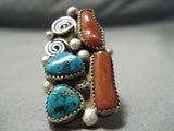 Colossal Native American Navajo Chunky Dunky Coral Turquoise Sterling Silver Native Ring-Nativo Arts