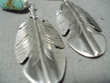 Native American Detailed Feather Genius Royston Turquoise Sterling Silver Earrings-Nativo Arts