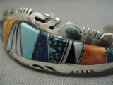 Stunning Vintage Native American Navajo Raised Turquoise Inlay Sterling Silver Bracelet Old-Nativo Arts