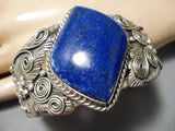 Detailed Heavy Huge Vintage Native American Navajo Lapis Sterling Silver Leaf Bracelet-Nativo Arts