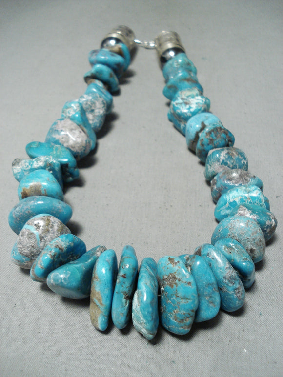 Phenomenal Native American Navajo Old Kingman Turquoise Nuggets Sterling Silver Necklace-Nativo Arts