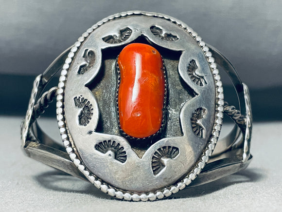 Museum Vintage Native American Navajo Long Chunk Coral Sterling Silver Bracelet Old-Nativo Arts