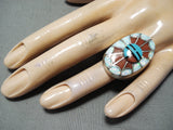 Exquisite Native American Zuni Turquoise Coral Opal Inlay Sunface Sterling Silver Ring-Nativo Arts