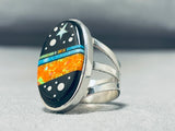 Spectacular Native American Navajo Signed Cosmic Inlay Jet Coral Sterling Silver Oval Ring-Nativo Arts