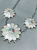 Beautiful Vintage Native American Zuni Inlay Mother Of Pearl 3 Sunfaces Sterling Silver Necklace-Nativo Arts