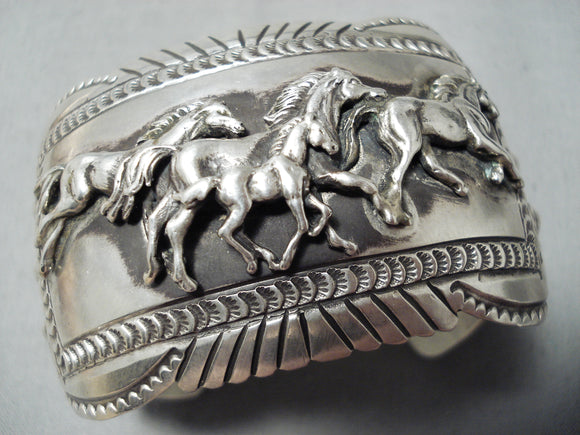 Detailed Wide Vintage Native American Navajo Horse Sterling Silver Blackgoat Bracelet-Nativo Arts