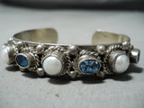 Marvelous Vintage Native American Navajo Blue Topaz, Pearl Sterling Silver Bracelet Old-Nativo Arts