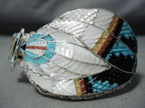 Incredible Native American Zuni Textured Inlay Turquoise Coral Kachina Sterling Silver Bracelet-Nativo Arts