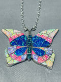 Spectacular Native American Navajo Synthetic Opals Sterling Silver Butterfly Necklace-Nativo Arts