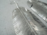 Longest 4' Long Native American Navajo Royston Turquoise Sterling Silver Feather Earrings-Nativo Arts