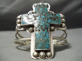 Huge Towering Vintage Native American Navajo Turquoise Cross Christian Sterling Silver Bracelet-Nativo Arts