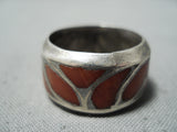 Beautiful Vintage Navajo Native American Coral Inlay Sterling Silver Ring Old-Nativo Arts