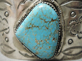 Wide Vintage Native American Navajo Hand Tooled #8 Turquoise Sterling Silver Bracelet-Nativo Arts