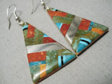 Native American Inlay Master Santo Domingo Turquoise Coral Dan Coriz Sterling Silver Earrings-Nativo Arts