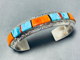 Brilliant Native American Navajo Signed Inlay Turquoise Orange Spiny Sterling Silver Bracelet-Nativo Arts