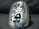 Important Towering Native American Zuni Kachina Dancer Turquoise Coral Sterling Silver Bracelet-Nativo Arts