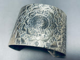 Native American One Of The Most Detailed Hand Hammered Sterling Silver Wide Bracelet Cuff-Nativo Arts