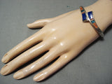 Focused Detail! Vintage Native American Navajo Turquoise Lapis Sterling Silver Inlay Bracelet-Nativo Arts