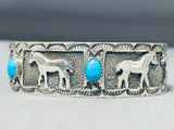 Superior Native American Navajo Kingman Turquoise Sterling Silver Bracelet Horses-Nativo Arts