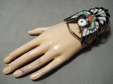 One Of Biggest Best Vintage Native American Zuni Bird Turquoise Inlay Sterling Silver Bracelet-Nativo Arts