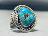 Rare Turquoise Mine Vintage Native American Navajo Blue Gem Sterling Silver Leaf Ring Old-Nativo Arts