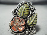 Native American Important Hand Carved Royston Turquoise Coral Sterling Silver Ring-Nativo Arts