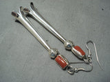 Long Cute Native American Navajo Coral Sterling Silver Fluted Earrings-Nativo Arts