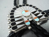 Spectacular Native American Zuni Inlay Coral Turquoise Jet Kachina Sterling Silver Bolo-Nativo Arts
