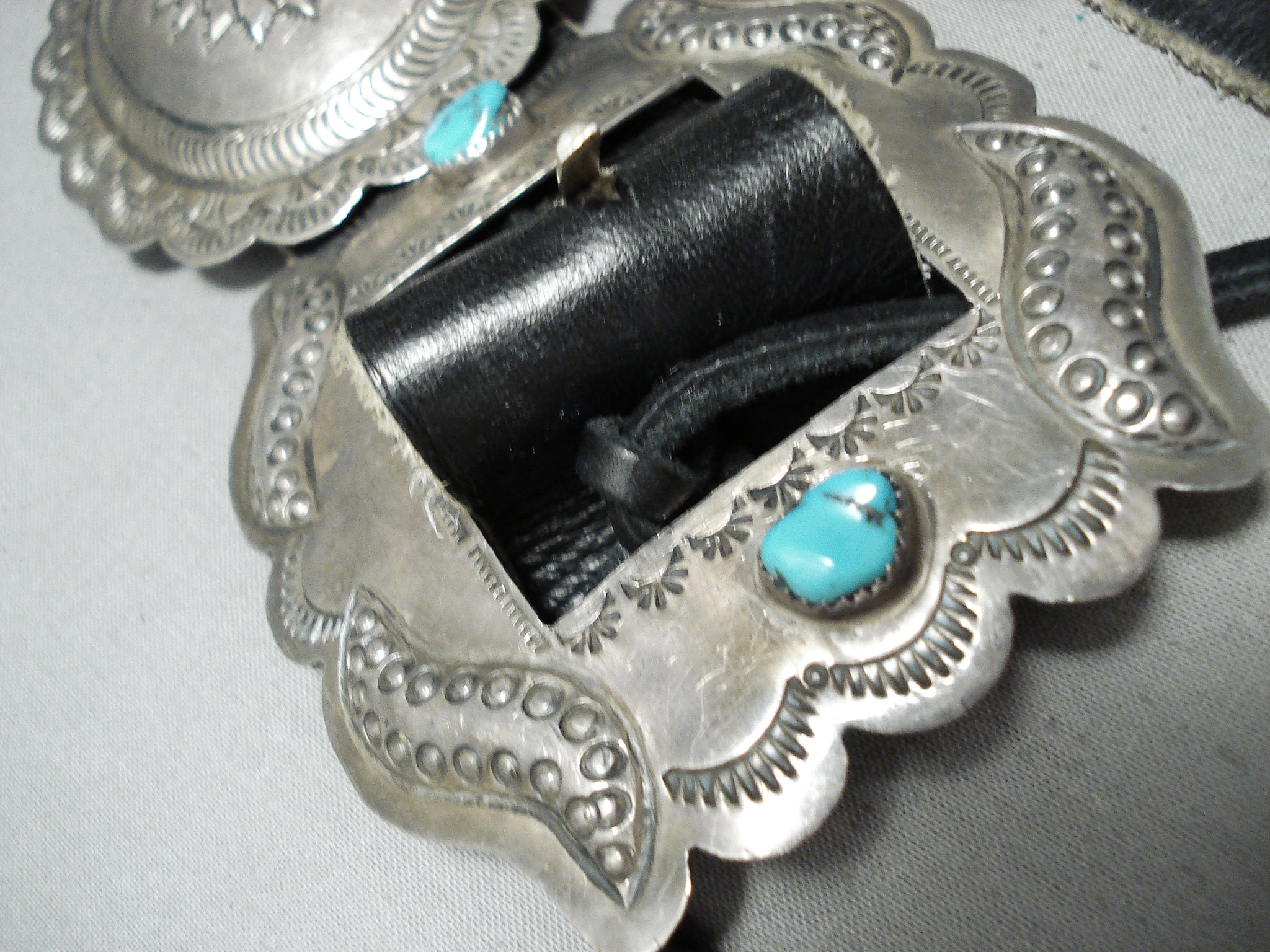 Item #978A- Navajo Turquoise Sun Symbols Stamped Sterling Silver Butterfly Concho Belt by de Chelly —Native American Turquoise & Silver Concho Belts