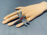 The Craziest Native American Navajo Coral Dragonfly Sterling Silver Huge Ring-Nativo Arts