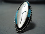 Exquisite Vintage Native American Zuni Turquoise Inlay Flower Sterling Silver Ring Old-Nativo Arts
