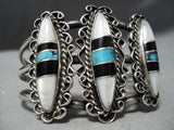 Intricate!! Vintage Native American Navajo Turquoise Pearl Sterling Silver Bracelet Old-Nativo Arts