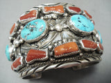 Monstrous Vintage Native American Navajo turquoise Coral Sterling Silver Leaf Bracelet-Nativo Arts