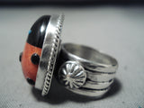 Important Ladybug (d.) Native American Navajo Coral Turquoise Sterling Silver Ring-Nativo Arts