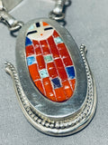 The Most Intricate Native American Zuni Coral Sterling Silver Inlay Necklace-Nativo Arts