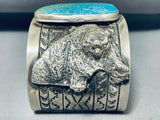 181 Grams Powerful Bear Native American Navajo Turquoise Sterling Silver Bracelet Cuff-Nativo Arts