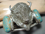 Native American Huge Heavy Buffalo Nativer American #8 Turquoise Sterling Silver Bracelet-Nativo Arts