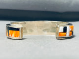 Mesmerizing Signed Native American Navajo Inlay Orange Spiny Black Onyx Sterling Silver Bracelet-Nativo Arts