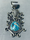 Noteworthy Native American Navajo Old Kingman Turquoise Sterling Silver Buffalo Pendant-Nativo Arts