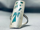 Unique Vintage Native American Navajo Turquoise Chip Inlay Waterbird Sterling Silver Ring-Nativo Arts