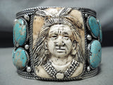 Native American One Of The Best Ever Hand Carved Turquoise Sterling Silver Bracelet-Nativo Arts