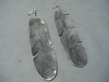 Very Long Navajo Native American Sterling Silver Feather Earrings-Nativo Arts
