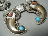 Authentic Bear Signed Native American Navajo Turquoise Sterling Silver Squash Blossom Necklace-Nativo Arts