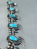 Turquoise Paw Heavy Vintage Native American Navajo Sterling Silver Squash Blossom Necklace-Nativo Arts