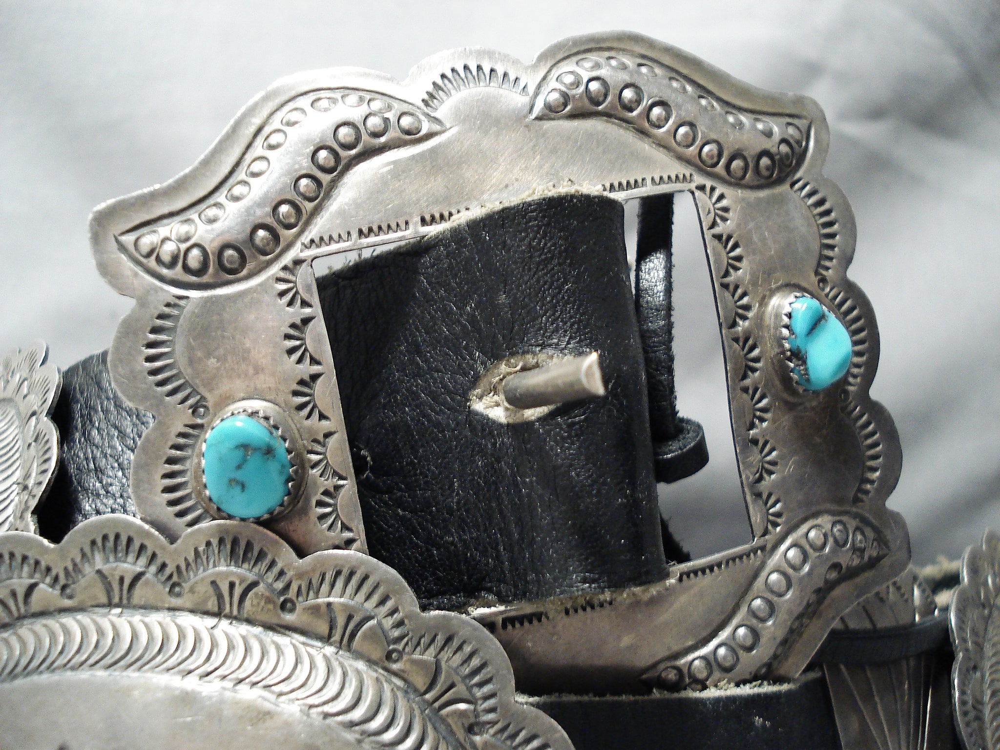 Item #978A- Navajo Turquoise Sun Symbols Stamped Sterling Silver Butterfly Concho Belt by de Chelly —Native American Turquoise & Silver Concho Belts