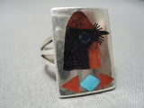 Detailed Zuni Native American Red Bird Sterling Silver Turquoise Coral Ring-Nativo Arts