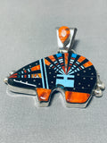 Brilliant Native American Navajo Signed Coral Jet Turquoise Inlay Sterling Silver Bear Pendant-Nativo Arts